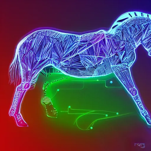 Prompt: digital horse, artificial being, glowing circuitboard patterns, retrowave palette, highly detailed, anatomically correct equine, synth feel, digital art