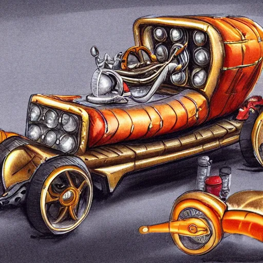 Prompt: a concept art of a steampunk car with a shape of an hot dog