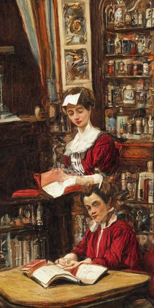 Prompt: a woman reading a book in 1 9 th century caffe. highly detailed, full of colors.