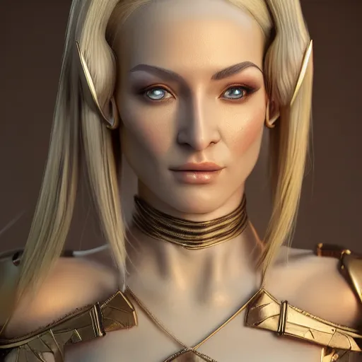 Image similar to portrait of a beautiful female high elf with tan skin, 3 d octane render trending on art station 8 k