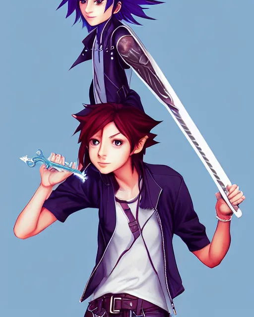 Image similar to loish, artgerm, joshua middleton art, rafeal albuquerque, pretty sora from kingdom hearts holding the artemis keyblade, realistic hands, sarcastic smile, symmetrical eyes, symmetrical face, jean jacket, jeans, short hair, middle shot, night time, deep blacks