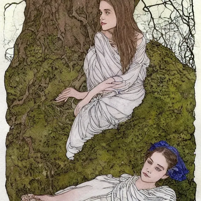 Prompt: a detailed, intricate watercolor and ink portrait illustration with fine lines, of a lovely, pretty, young alicia vikander with a detailed face in a dress sitting on the mossy ground reading under a gnarled tree, by arthur rackham and edmund dulac and ted nutall and mucha