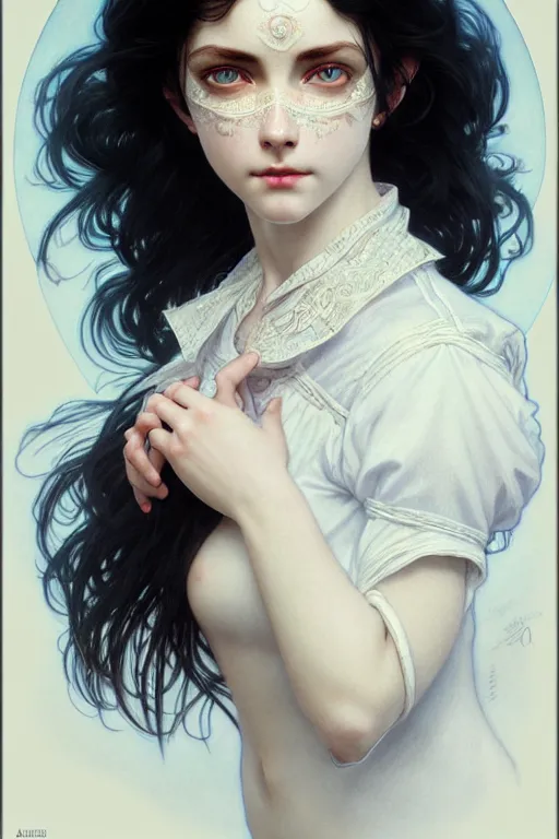 Image similar to ultra realistic, Beautiful black haired woman, Porcelain white complexion, big blue eyes, cute small lips., wearing jeans and white blouse, whip in hand, intricate details, eerie, highly detailed, octane render, 8k, art by artgerm and alphonse mucha and greg rutkowski