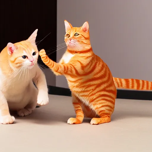 Prompt: orange tabby cat fighting an anthropomorphic bacon strip, realistic