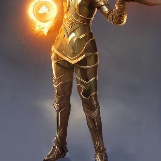 Image similar to a woman in armor holding a sword and floating magic golden gem, concept art by senior character artist, polycount contest winner, vanitas, artstation hd, concept art, 2d game art