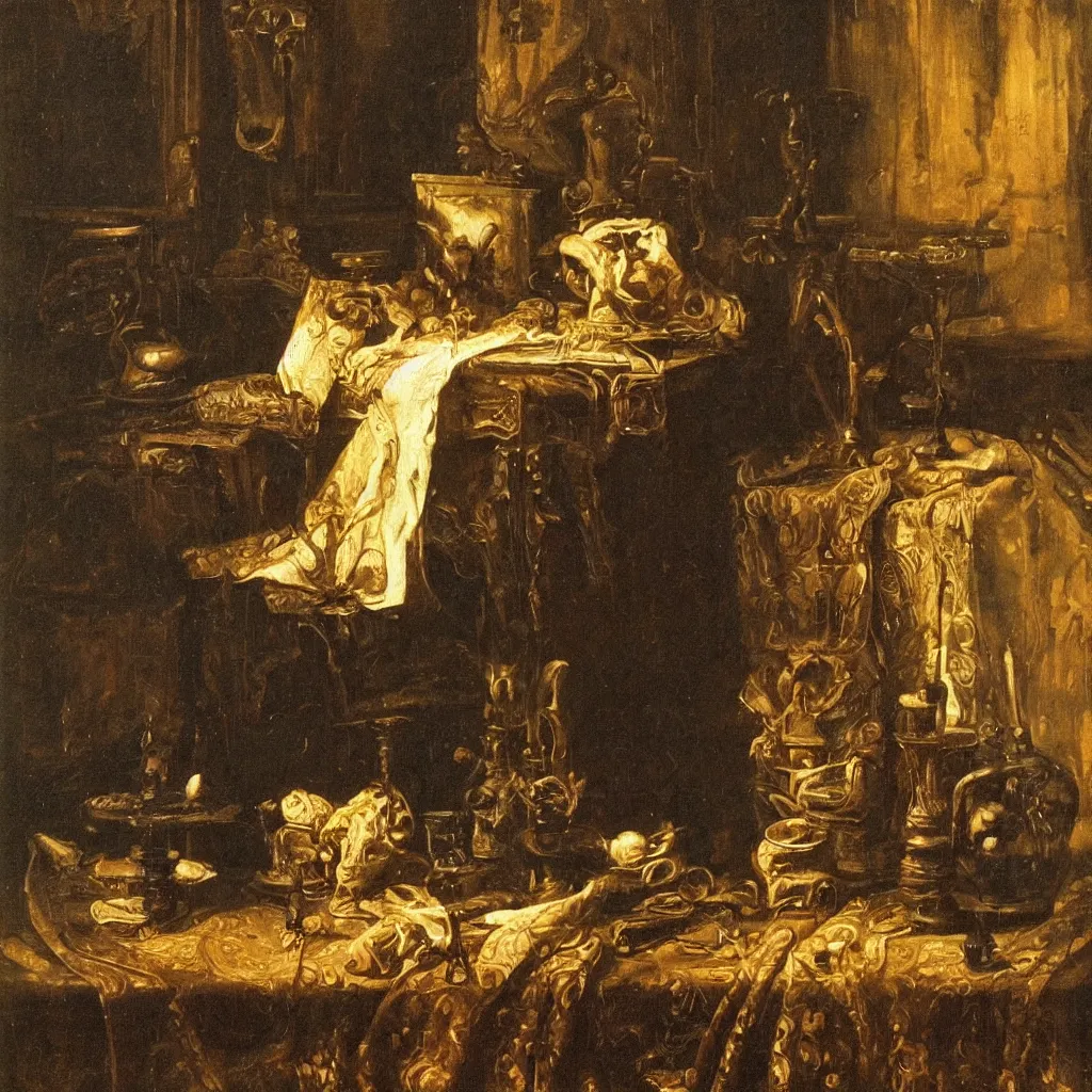 Prompt: A classical oil still-life painting of a skill sitting on a table in a dark room, ornate black lace backdrop, gritty gothic style, wide shot