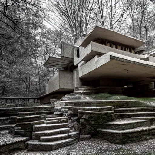 Prompt: fallingwater house in disrepair, abandoned, frank loyd wright style, photograph, detailed, 4 k