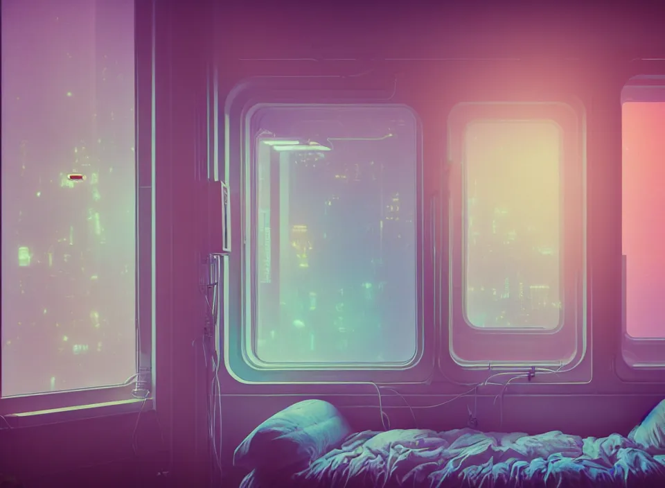 Prompt: telephoto 7 0 mm f / 2. 8 iso 2 0 0 photograph depicting the feeling of insomnia in a cosy cluttered french sci - fi ( art nouveau ) pale cyberpunk apartment in a pastel dreamstate art cinema style. ( aquarium, computer screens, window ( city ), led indicator, lamp ( ( ( gym ) ) ) ), ambient light.