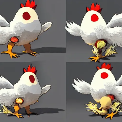 Image similar to A pokemon that looks like a rooster, The coconut shell wrapped around him,The rooster hides inside and sticks his head out to peek，Trending on art station. Unreal engine.