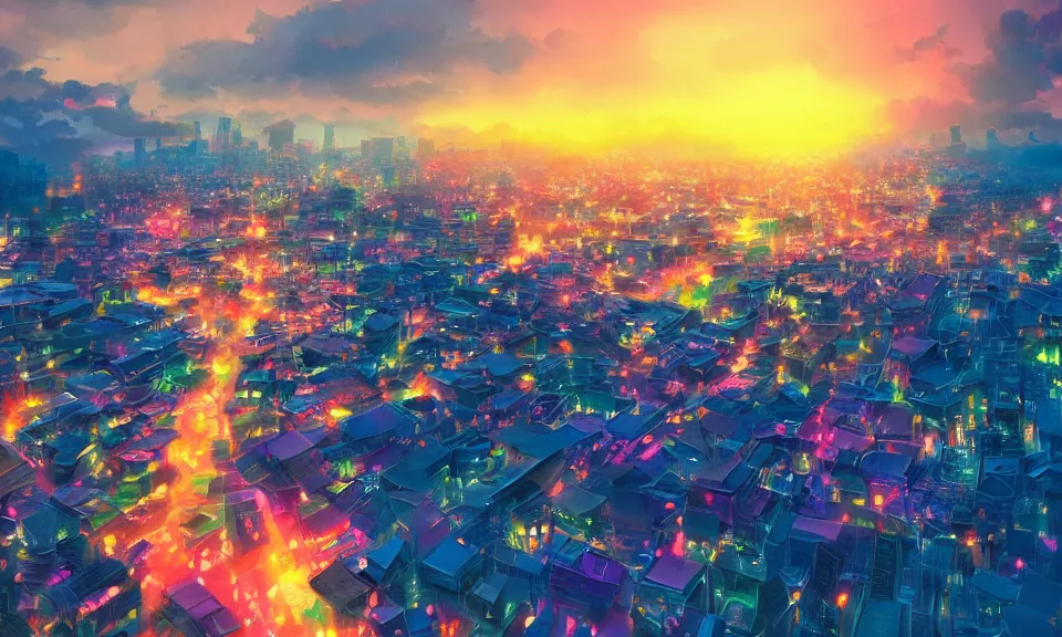 Image similar to a colorful glowing heavenly japanese city, sunset, moist, pastel, artstation, digital art.