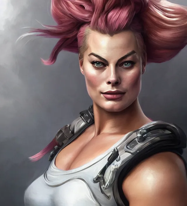 Image similar to detailed portrait of margot robbie as a thick female bodybuilder zarya from overwatch, attractive, beautiful, fantasy, intricate, elegant, highly detailed, digital painting, artstation, concept art, matte, sharp focus, illustration, art by aenaluck, artgerm and roberto ferri and greg rutkowski, epic fantasy, digital painting