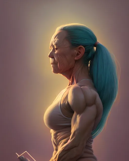 Image similar to highly detailed vfx portrait of, woman getting progressively older muscular by stephen bliss, chalk, unrealengine, greg rutkowski, loish, rhads, beeple, chalk, makoto shinkai and lois van baarle, ilya kuvshinov, rossdraws, tom bagshaw, basil gogos