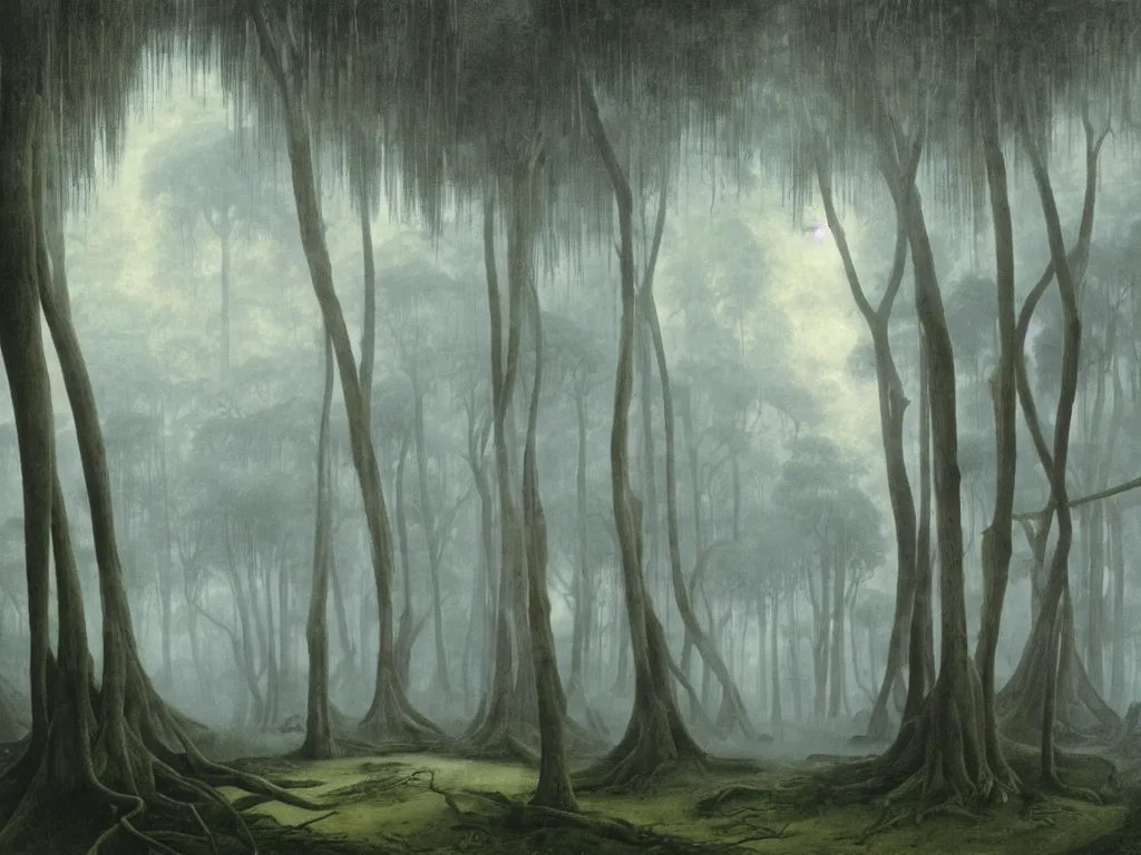 Prompt: Fog passing through a forest full of giant extinct exotic plants, palms, banyan trees, ferns. Painting by Caspar David Friedrich, Yves Tanguy