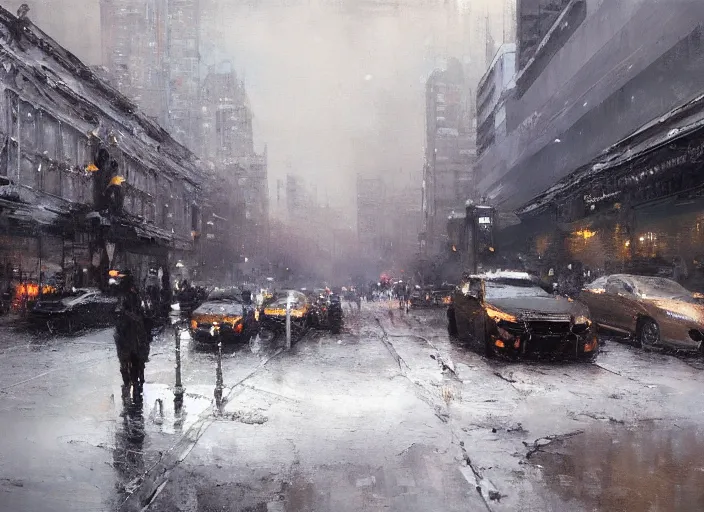 Image similar to painting of a cityscape in winter by jeremy mann, street - level, dripping oil paint, thick brushstrokes, high resolution