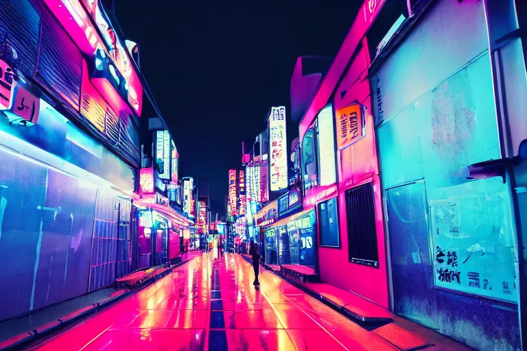 Prompt: neon tokyo street at night futuristic aesthetic, wallpaper, unsplash, colorful, style of aenami alena, neon blue color, vaporwave,