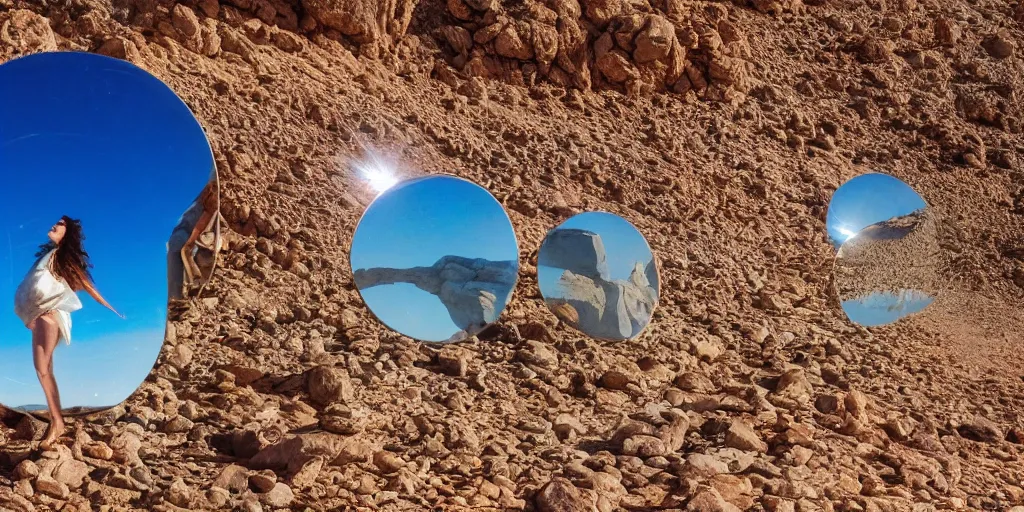 Image similar to levitating woman with full - face golden mask in a dry rocky desert landscape, visible sky and sunny atmosphere, fata morgana and giant square mirrors by alejandro jodorowsky, anamorphic lens, kodakchrome, practical effects, masterpiece, 8 k