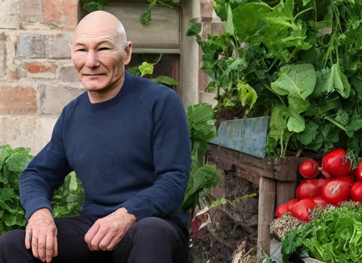 Image similar to patrick stewart sitting in a big pot of vegetable stew