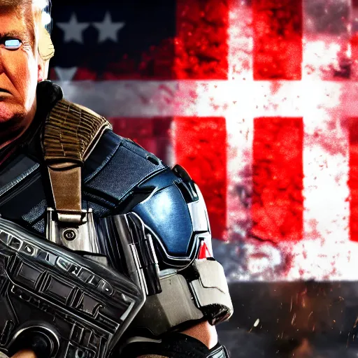 Image similar to portrait of donald trump as captain america in gears of war, splash art, maga, patriot, movie still, cinematic lighting, dramatic, glowing, ray tracing, octane render, long lens, shallow depth of field, bokeh, anamorphic lens flare, 8 k, hyper detailed, 3 5 mm film grain