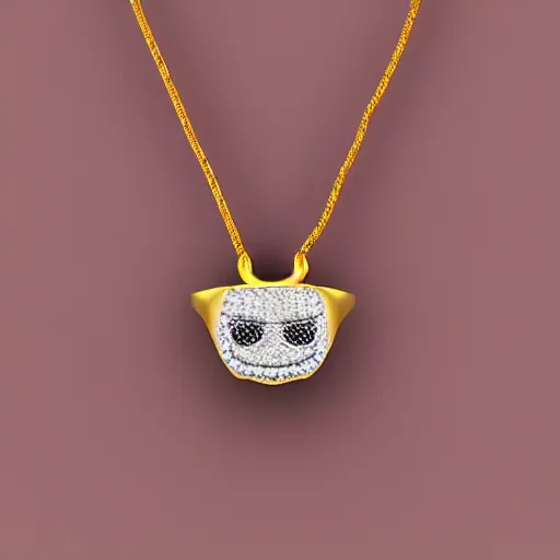 Prompt: smiling diamond teeth, as a pendant on a gold chain