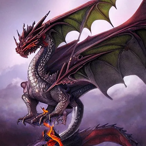 Prompt: realistic flying dragon with knight riding it, dragon spits fire out his mouth,