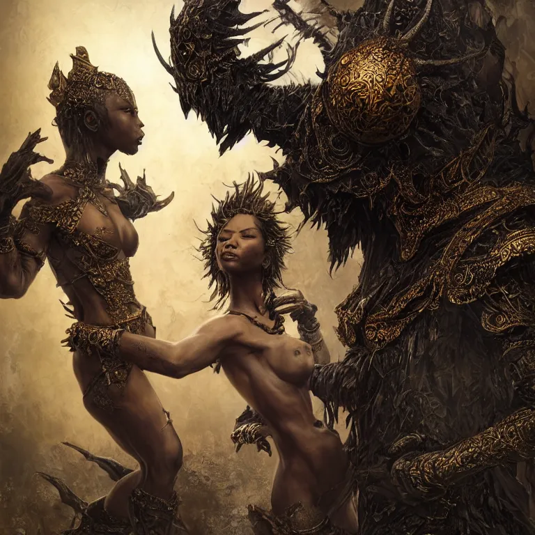 Image similar to dance of a couple, black man and a female devil, Dark Souls 3 themed, in style of Ruan Jia, insanely detailed and intricate, golden ratio, elegant, ornate, luxury, elite, matte painting, cinematic, cgsociety, James jean, Brian froud, ross tran, Laputa