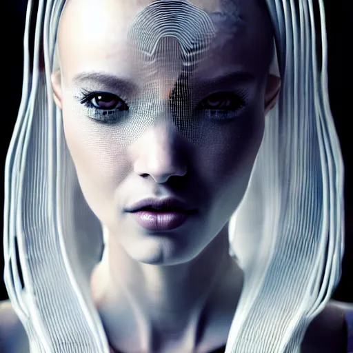 Image similar to closeup portrait of an absurdly beautiful, graceful, sophisticated, fashionable cyberpunk mechanoid gravure idol, an ultrafine hyperdetailed illustration by irakli nadar, matt wisniewski style, fashion photography, intricate linework, porcelain skin, jellyfish headdress, unreal engine 5 highly rendered, global illumination, radiant light, detailed and intricate environment