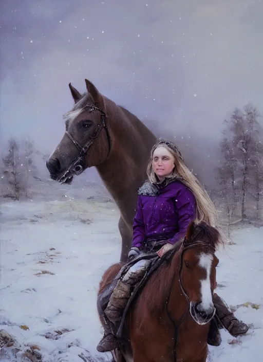 Image similar to portrait of a nordic girl with violet eyes and her horse in a snowy tundra. by Daniel F. Gerhartz, hyperrealistic oil painting, 4k, very detailed faces, studio lightning