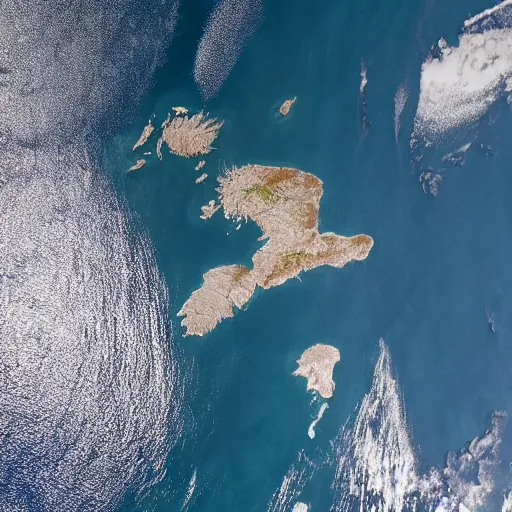 Prompt: aerial photo by nasa of the british isles in the middle of a pacific ocean