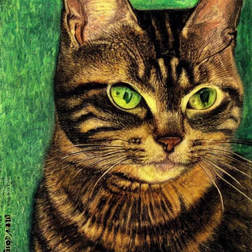 Prompt: portrait of a dark tabby cat with green eyes, intricate, elegant, highly detailed, smooth, sharp focus, illustration, art by gustav klimt