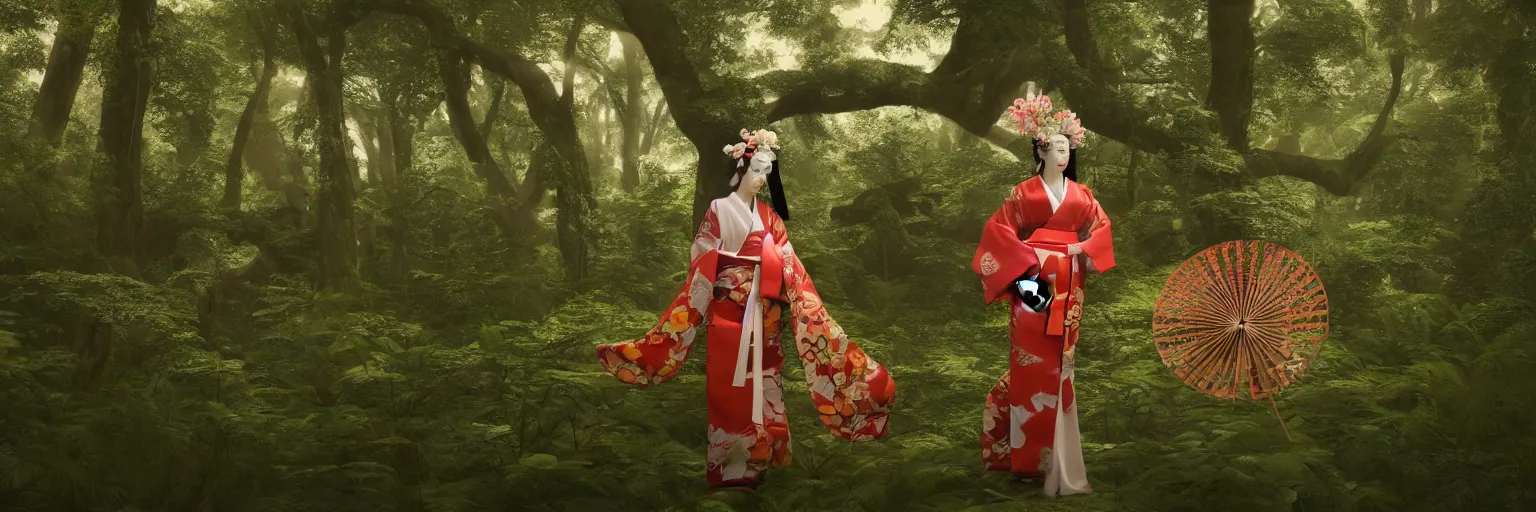 Prompt: a beautiful 3 d render of a giesha goddess wearing a kimono + holding a japanese fan, innovative avant - garde art, deco fashion, photorealistic + in a serene forest setting!!!!!!!, concept art, award winning, 4 k, rule of thirds, volumetric lighting, hyper detailed, octane render