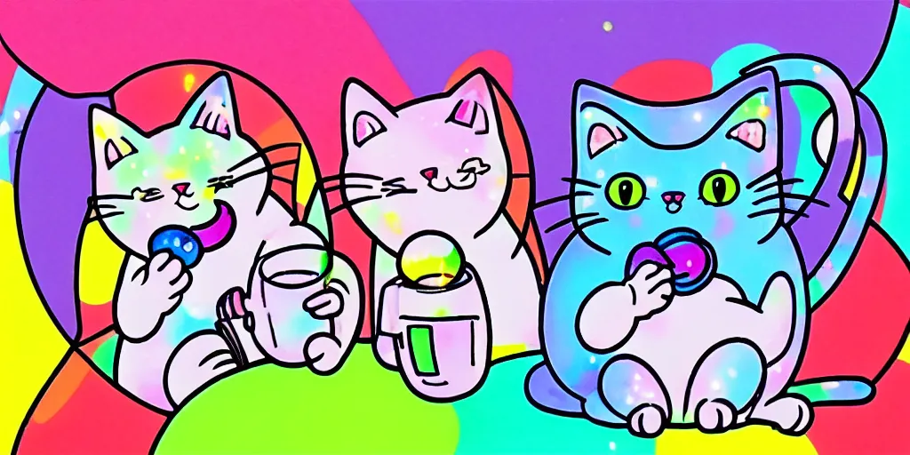 Image similar to a cat drinking red wine, puffy sticker, glitter sticker, kawaii by studio ghibli, by lisa frank 8 k pastel colours, neon colours, fluorescent colours,