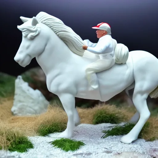 Image similar to Donald Trump riding a white horse, wide lens, diorama, 4k,