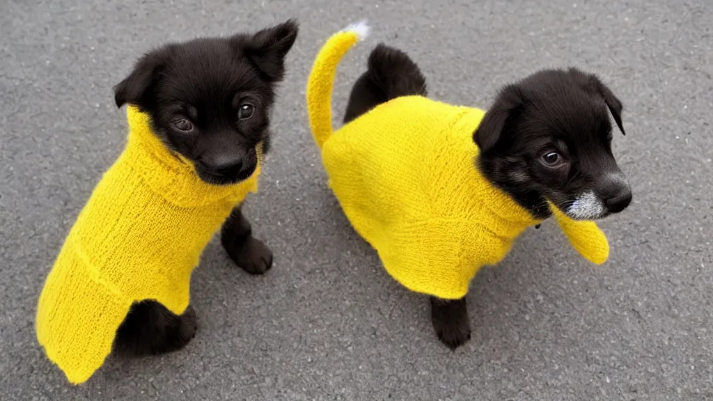 Image similar to a cute puppy cat wearing a yellow sweater