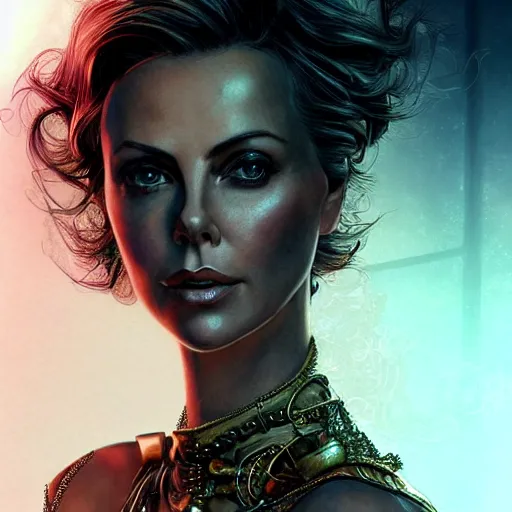 Prompt: beautiful Charlize Theron in detailed steampunk dress, smooth, sharp focus, illustration, realistic, cinematic, artstation, cinematic, award winning, original modern artwork, set on Singaporean aesthetic, rgb ethereal lighting,8k