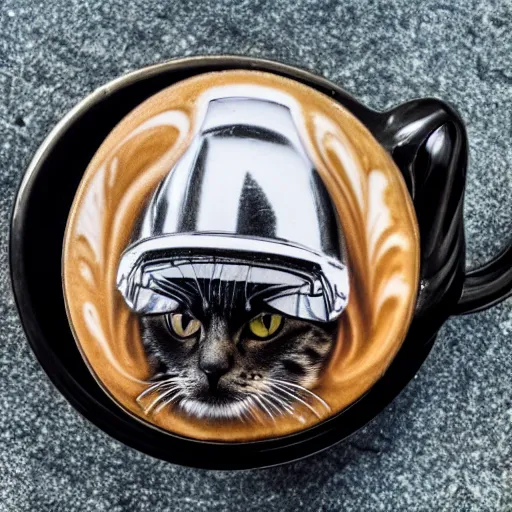 Image similar to a cat wearing a helmet, latte art, 8 k, hd, full - hd, ultra - hd, super - resolution, global illumination, insanely detailed and intricate, hypermaximalist, elegant, ornate, hyper realistic, super detailed