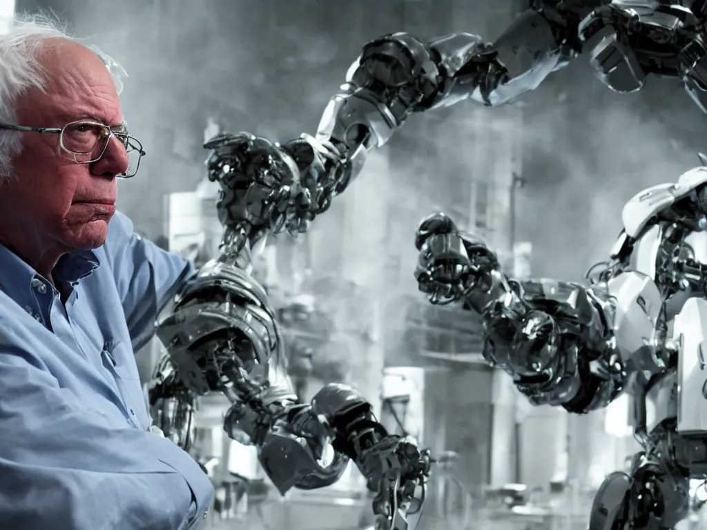 Image similar to bernie sanders putting the finishing touches on a scifi doomsday robot, cinematic moody lighting, led lighting, sharp focus, dirty smoky laboratory, imax