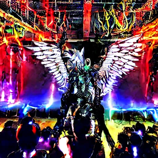 Prompt: 10,100 wemon worshipping the cybercore dragon angel pimp covered in wires damnation, holy ceremony, heavens gate, low quality photo, crowd, flikr