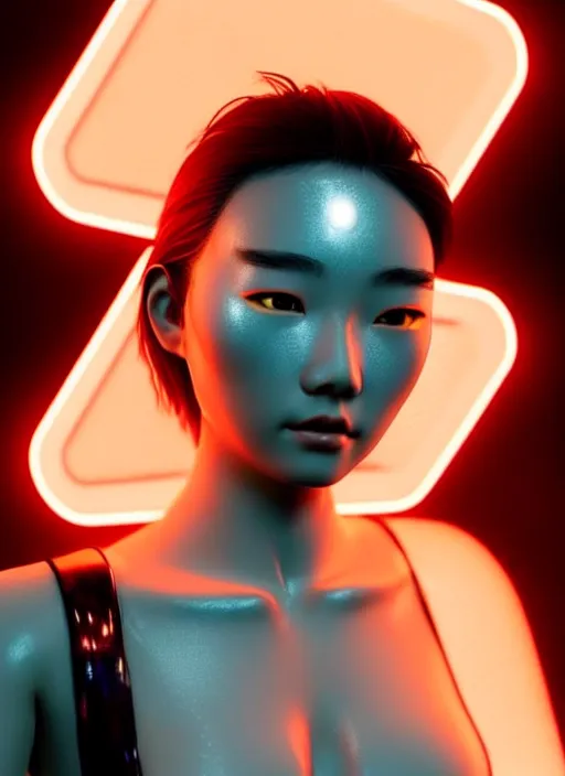 Prompt: a beautiful asian female humanoid with freckled cheeks, cyber neon lighting, futurism, intricate futuristic jewelry accessories, cyberpunk glossy white latex swimsuit, profile posing, hyper photorealistic, crispy quality, digital photography, trending in artstation, trending in pinterest, cinematic, 4 k ultra hd, art by pascal blanche, art by greg rutkowski,