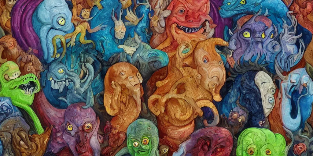 Prompt: portrait painting of a group of mythical monsters and beasts in a squishy style