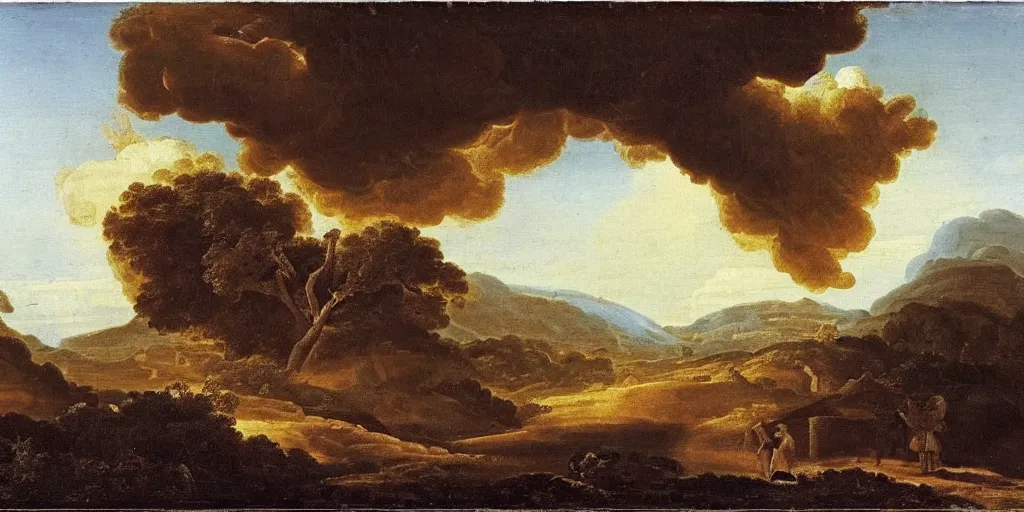 Image similar to an exploding volcano seething, ethereal landscape, claude lorrain pastoral landscape