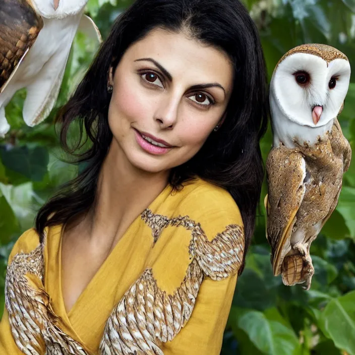 Prompt: portrait photograph of an extremely beautiful!!!! Morena Baccarin , symmetric face!, symmetric round detailed eyes!!, slight smile, natural light, wearing a yellow kimono!! with a very detailed barn owl! on her shoulder in a tropical greenhouse. looking at the camera!!. super resolution. Extremely detailed. Graflex camera!, bokeh!!!!!. art by alphonse mucha