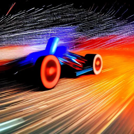 Prompt: young go - kart racer taking a corner at speed on a race track, motion blur lights, laser, smoke, debris, fast movement, light streaks, dark mood, night time