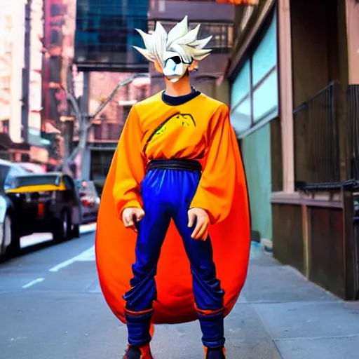 Prompt: dragonball z inspired character wearing 9 0 s fashion in anime style wearing streetwear fashion in soho new york