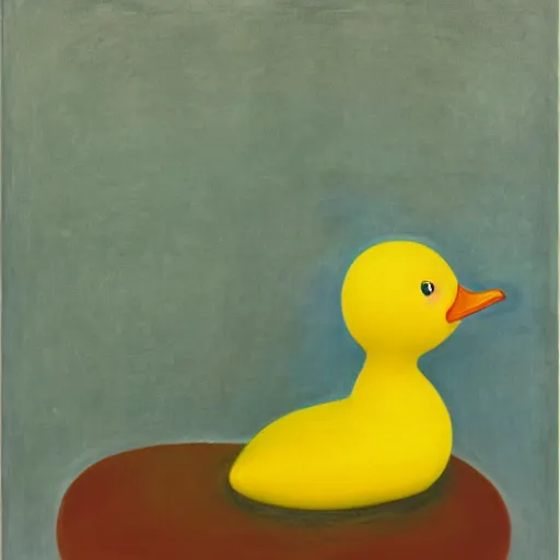 Prompt: portrait of a yellow rubber duck by hilma af klint, oil on canvas.