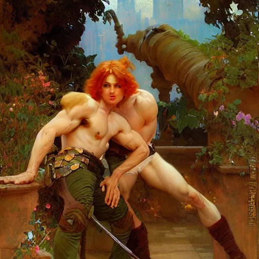 Prompt: attractive muscular ginger hair mike and muscular attractive brunet hair ty, drinking their hearts out, boys night out. highly detailed painting by gaston bussiere, craig mullins, j. c. leyendecker, alphonse mucha 8 k