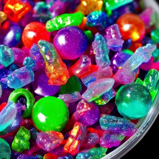 Prompt: closeup colorful hard alien candy crystals very tasty studio lighting 8 k