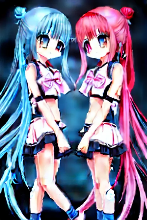 Image similar to two beautiful female idols with twintails facing each other, dark background, detailed anime art