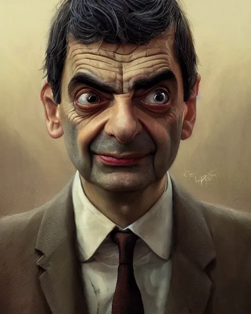 Prompt: mr. bean, hyper realistic face, beautiful eyes, fantasy art, in the style of greg rutkowski, intricate, hyper detailed, smooth