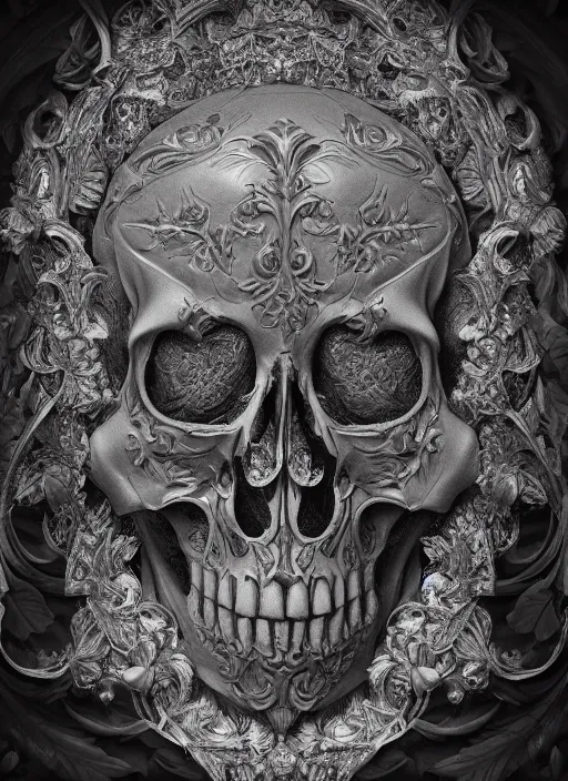 Image similar to hyper realistic photography depth map of intricate renaissance skull ornament relief leaves, cinematic, symmetric detailed, artstation, cgsociety