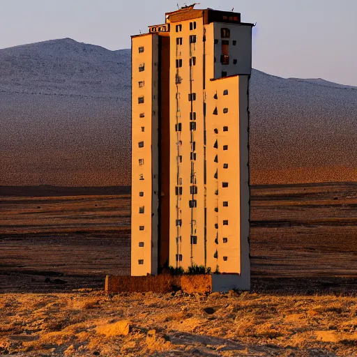 Prompt: Photograph of a tall soviet communist european residential block standing lonely in a desert, after dawn